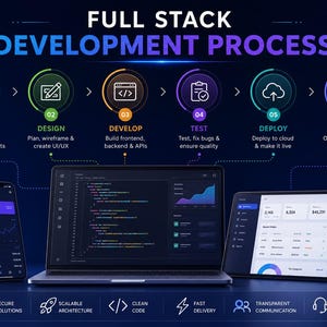 Op de afbeelding: Een donkerblauwe infographic getiteld FULL STACK DEVELOPMENT PROCESS met zes stappen: Discover, Design, Develop, Test, Deploy en Support. Daaronder tonen een laptop, smartphone en tablet code en analyses, met een mok en plant.