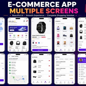 May include: A digital display of ten smartphone screens showcasing an e-commerce app interface with various menus, including a home page, product details for a smart watch, category listings, a shopping cart, checkout, order tracking, and user profile.
