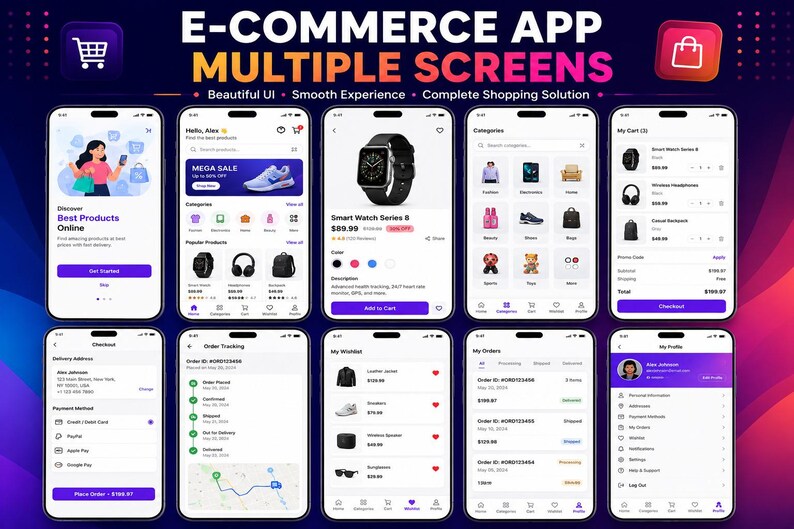 May include: A digital display of ten smartphone screens showcasing an e-commerce app interface with various menus, including a home page, product details for a smart watch, category listings, a shopping cart, checkout, order tracking, and user profile.