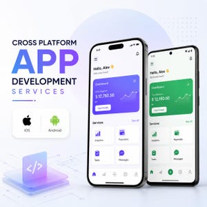 Op de afbeelding: Twee smartphones met een mobiele app-interface met een dashboard, analyses, betalingen, taken en berichten. De tekst luidt CROSS PLATFORM APP DEVELOPMENT SERVICES, Hello, Alex, Dashboard, Total Balance $ 12,750.50, iOS en Android.
