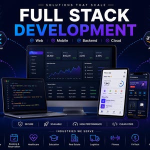 Op de afbeelding: Een digitale afbeelding voor full-stack ontwikkelingsdiensten met een computermonitor, laptop en smartphone die software-interfaces tonen. Iconen voor Flutter, React, Node.js, AWS, MongoDB en Docker omringen de centrale tekst en het dashboard.