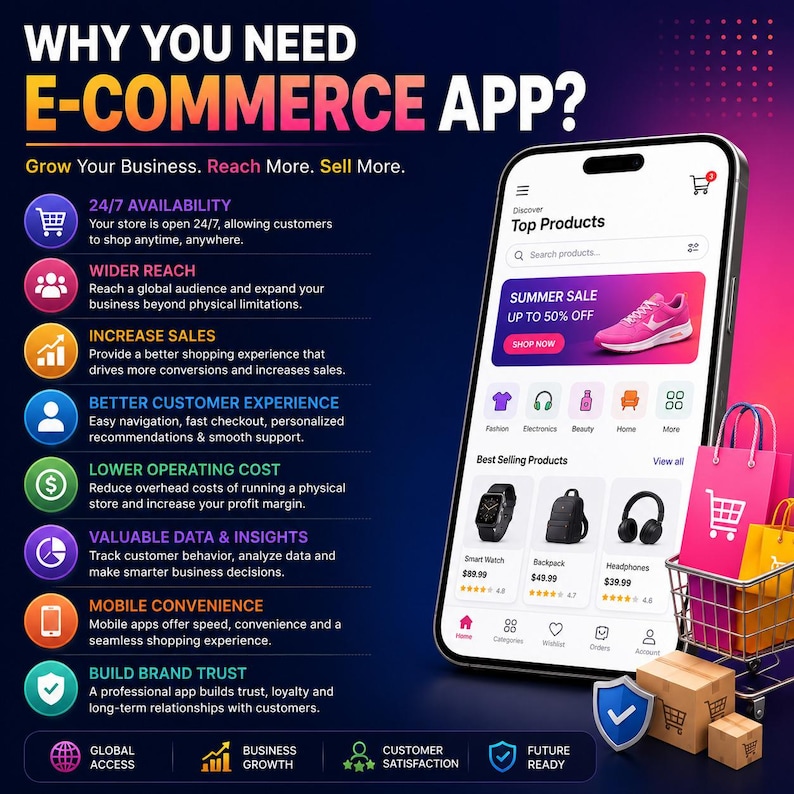 May include: A smartphone displaying an e-commerce app interface with product listings, a shopping cart icon, and a summer sale banner. Beside the phone are shopping bags in a metal cart and cardboard boxes, with text detailing business benefits.