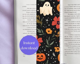 Halloween Bookmark with Ghosts, Pumpkins & Autumn Flowers Spooky Cute Fall Boho Book Lover Gift