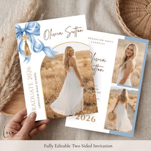 May include: A two-sided graduation party invitation featuring a light blue watercolor bow with a gold 2026 tassel charm. The design includes a gold arch frame for a photo, the name Olivia Sutton, and the text Graduate 2026 Lakeview High School.