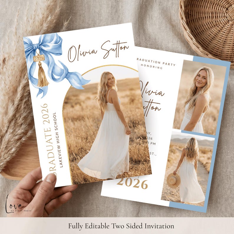 May include: A two-sided graduation party invitation featuring a light blue watercolor bow with a gold 2026 tassel charm. The design includes a gold arch frame for a photo, the name Olivia Sutton, and the text Graduate 2026 Lakeview High School.