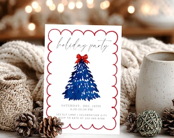 May include: A white card with a red scalloped border features a blue watercolor Christmas tree with a red bow. The words "holiday party" are written at the top. Additional text includes the date, time, and location.