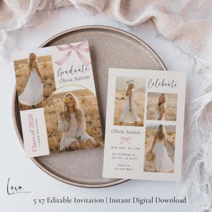 Graduation Invitation Template | Modern Blush Senior Announcement, Pink Bow Grad Invite (Digital Download)