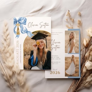 May include: Two graduation party invitation cards featuring a watercolor blue bow, gold tassel, and photos of a graduate in a cap and gown. The text includes Olivia Sutton, Graduate 2026, Lakeview High School, and party details. The cards are white with gold accents.