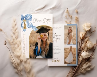 Editable Graduation Blue Bow Invitation Template, Coquette Photo Grad Announcement (Digital Download)