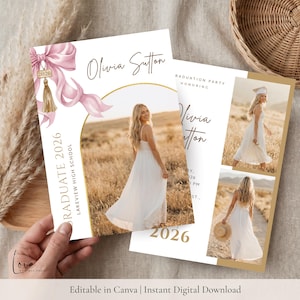 Pink Graduation Invitation Template, Editable Photo Blush Grad Announcement| Coquette