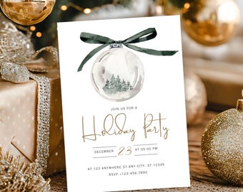 Christmas Party Invitation, Watercolor Ornament Green Canva Digital Download, Editable Holiday Invite