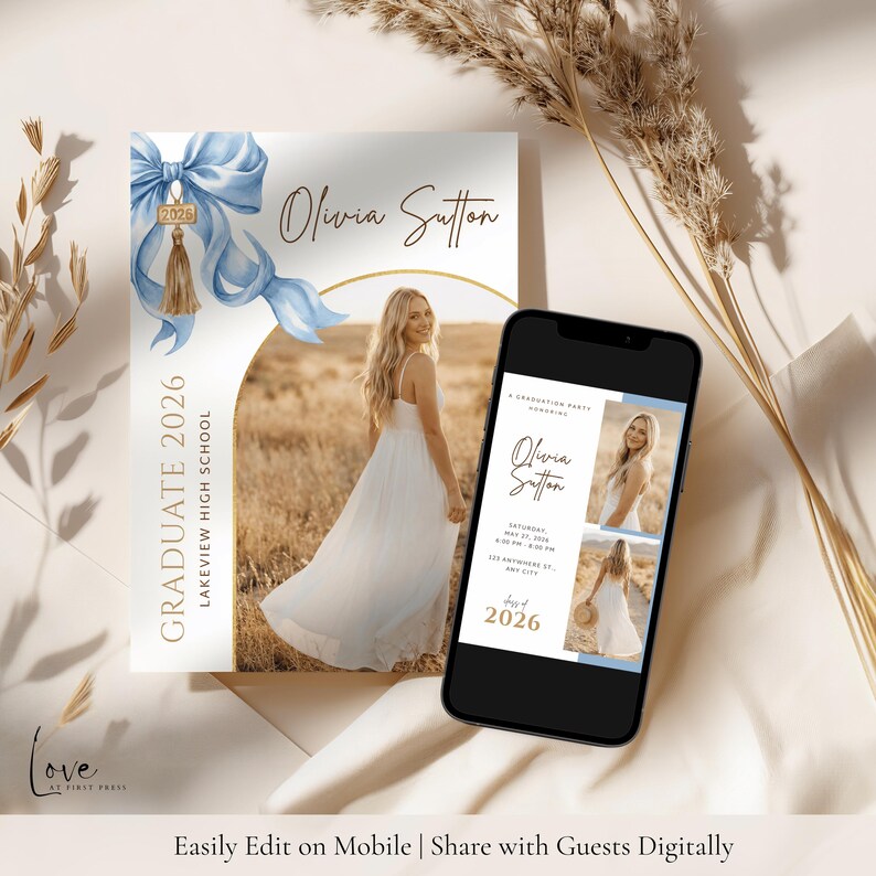 Editable Graduation Blue Bow Invitation Template, Coquette Photo Grad Announcement (Digital Download) image 6