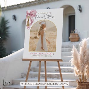 Sjabloon welkomstbord afstuderen, poster met roze strikcoquette, decor van 2026 (canvadownload)