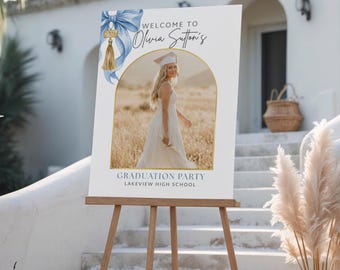 Graduation Welcome Sign Template, Blue Bow Coquette Poster, Class of 2026 Decor (Canva Download)