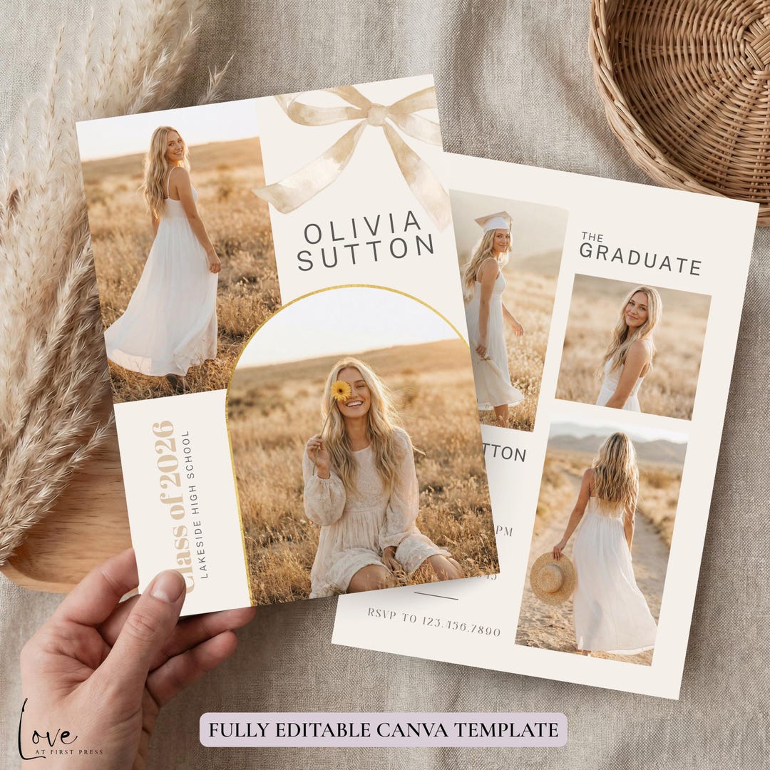 Graduation Invitation Template, Modern Ivory Bow Invite, Photo Collage ...