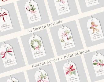 Christmas Tags Set Printable, Customizable Gift Tag Prints, Hand Drawn Watercolor Design