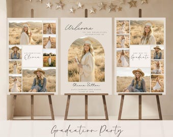 Graduation Welcome Sign Trio Set | Photo Collage Printable Display | Grad Party Decor (Canva Download)