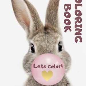 May include: A coloring book cover featuring a close-up of a gray rabbit with long ears. The rabbit has a pink bubble in front of its face with the text "Lets color!" and a gold heart. The words "COLORING BOOK" are written vertically.
