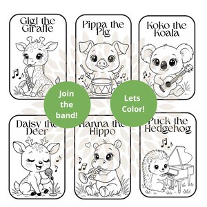 Puede incluir: Ilustraciones en blanco y negro de seis animales musicales: una jirafa, un cerdo, un koala, un ciervo, un hipopótamo y un erizo. Cada animal toca un instrumento diferente. El texto incluye "¡Únete a la banda!" y "¡Vamos a colorear!"
