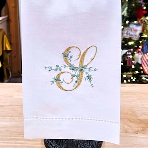 Embroidered Monogram Linen Tea Towel: Personalized Initial Gift