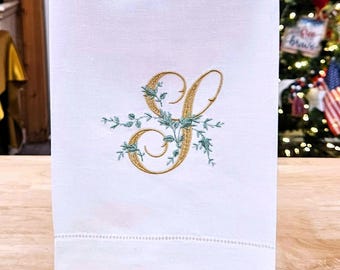 Embroidered Monogram Linen Tea Towel: Personalized Initial Gift