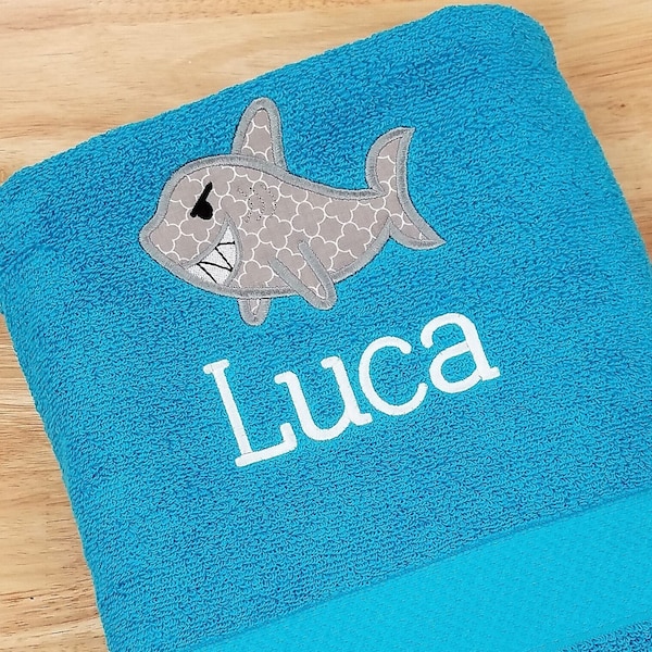 Kids Shark Towel, Personalized Towel, Beach Towel, Monogrammed Bath Towel