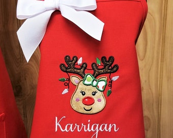 Personalized Christmas Child Apron: Embroidered Reindeer, Baking Gift