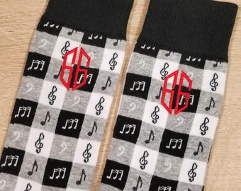 Mens Socks, Personalized Socks, Music Notes, Monogrammed Gift Birthday Christmas