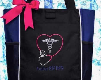 Monogrammed Nurse Tote Bag: Embroidered Stethoscope Heart