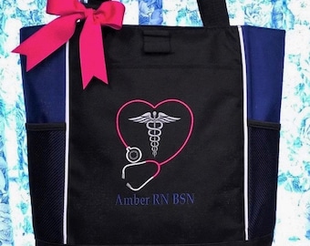 Monogrammed Nurse Tote Bag: Embroidered Stethoscope Heart