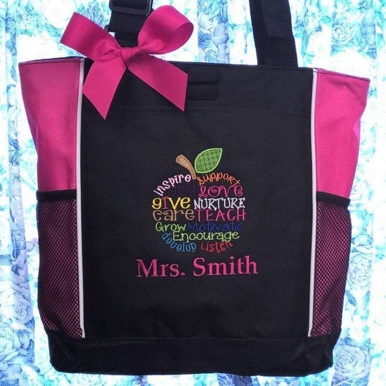 Personalized Teacher Tote Bag, Teacher Appreciation, Apple Subway Art, Teacher Gift image 1