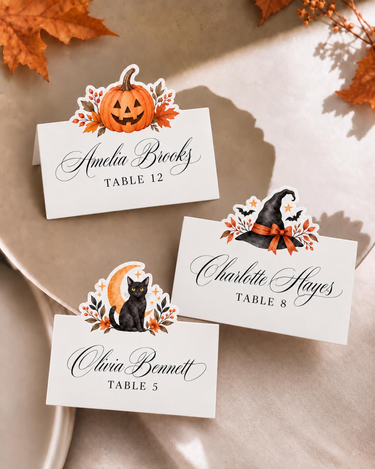 A Die-Cut Pumpkin Above the Fold Personalized Halloween tent cards with shaped pumpkin, witch and seasonal toppers.