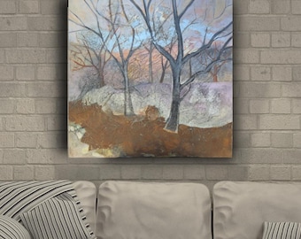 Textured Mixed Media Landscape Painting: Rust, Gold Leaf & Acrylic - 90x90cm