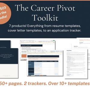以下が含まれることがあります： Career Pivot Toolkitには、履歴書テンプレート、カバーレターテンプレート、応募トラッカーなど7つの製品が含まれています。このセットには50ページ以上、2つのトラッカー、10以上のテンプレートが含まれており、ダークブルーと白の配色で構成されています。