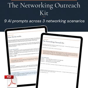 Könnte beinhalten: Zwei Tablets zeigen das "Networking Outreach Kit" mit 9 KI-Prompts in 3 Netzwerkszenarien. Ein PDF-Symbol deutet auf ein herunterladbares Dokument hin. Der Text beschreibt die Funktionsweise des Kits und seine Funktionen.