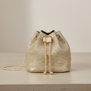 May include: A gold-colored, beaded bucket bag with a drawstring closure and a delicate chain strap. The bag features a woven texture and a small, round shape. The drawstring is secured with a leather tab and gold-colored chain.