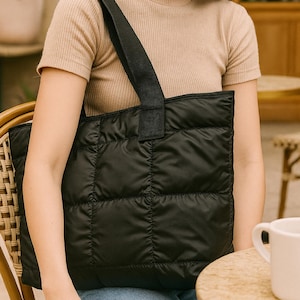 Women Puffy Quilted Tote Bag - Lightweight Padded Nylon Shoulder Bag -Casual Everyday Carryall - Stylish and Spacious Accessory