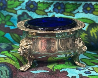 Vintage Silver Plated Cobalt Blue Salt Cellar Condiment Lion Head Feet