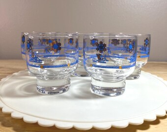 Conjunto de 5 copos de uísque vintage Osborne Kemper Thomas com detalhes em ouro 24 quilates, estilo moderno de meados do século XX.