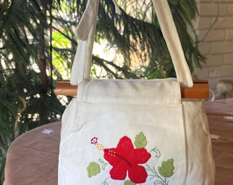 Vintage Hand-Embroidered Hand Bag, White Linen with Red Hibiscus