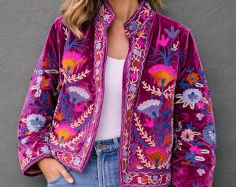 Bohemian Hand Embroidered Velvet Jacket | Floral Ethnic Winter Wear for Women Boho Hand Embroidered Velvet Jacket