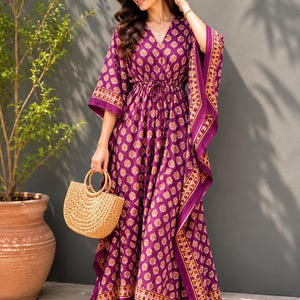 Block Print Kaftan Dress for Women, Boho Cotton Caftan, Handmade Beach Cover Up, Floral Lounge Wear, Summer Resort Kaftan, Plus Size Dress