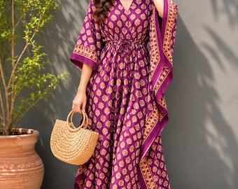 Block Print Kaftan Dress for Women, Boho Cotton Caftan, Handmade Beach Cover Up, Floral Lounge Wear, Summer Resort Kaftan, Plus Size Dress