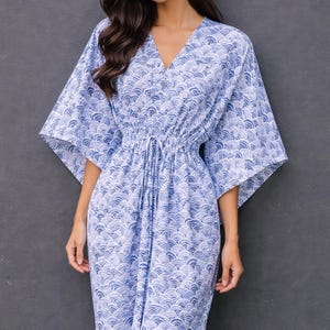 Blue Wave Print Cotton Kaftan Dress | Boho Beach Cover Up | Japanese Seigaiha Pattern Caftan | Loose Fit Summer Dress | Resort Wear