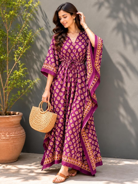 bohemian caftan dress Block Print Kaftan for Women, Boho Cotton Caftan, Handmade Beach Cover Up, Floral Lounge Wear, Summer Resort Kaftan, Plus Size Dress Size:Curvy Barbie maxi dress sa_top200rp Sustainable Clothing and Accessories