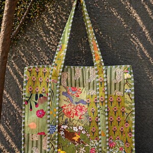 Green Patchwork Quilted Tote Bag, Handmade Cotton Shoulder Bag, Floral Boho Tote, Everyday Carry Bag