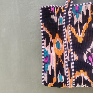 Boho Velvet Ikat Tote Bag, Handmade Large Shopper Bag, Colorfull Ethnic Shoulder Bag, Women’s Travel Tote, Artisan Velvet Handbag image 7