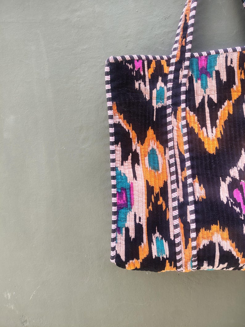Boho Velvet Ikat Tote Bag, Handmade Large Shopper Bag, Colorfull Ethnic Shoulder Bag, Women’s Travel Tote, Artisan Velvet Handbag image 7