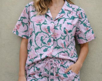 Block Print Pajama Set, Pink Floral Cotton Shorts Pajamas, Summer Loungewear, Women's Sleepwear