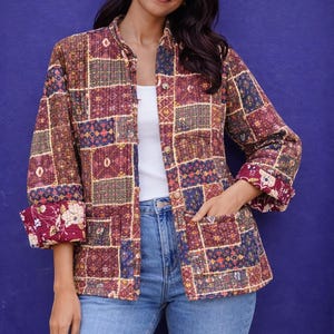 Vintage Patchwork Cotton Kantha Jacket for Women | Boho Quilted Coat | Handmade Indian Kimono Outerwear | Reversible Lightweight Jacket